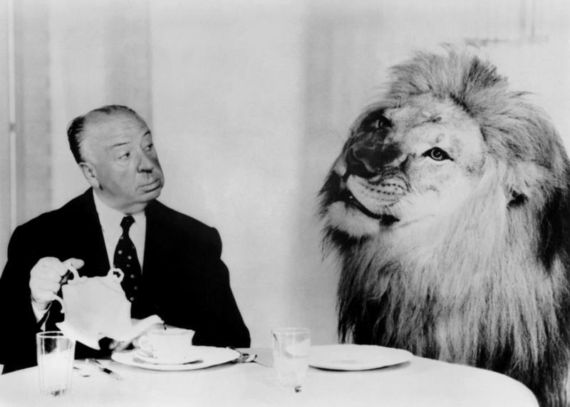 Afternoon Tea for Two: Alfred Hitchcock Serves Tea to MGM Studios Mascot, Leo the Lion, 1957 | Alamy Stock Photo by Allstar Picture Library Ltd/AA Film Archive